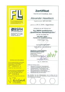 Zertifikat FLL/ BSFH-zertifizierten Qualifizierten Spielplatzprüfer. DIN SPEC 79161